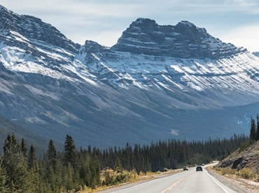 Motor past glaciers and waterfalls on the Icefields Parkway